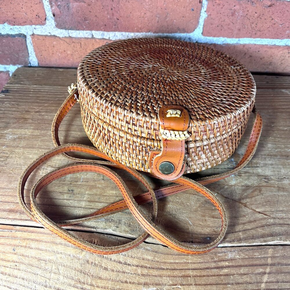 Round Rattan Bali Crossbody Bag Boho Woven Ata Grass Purse